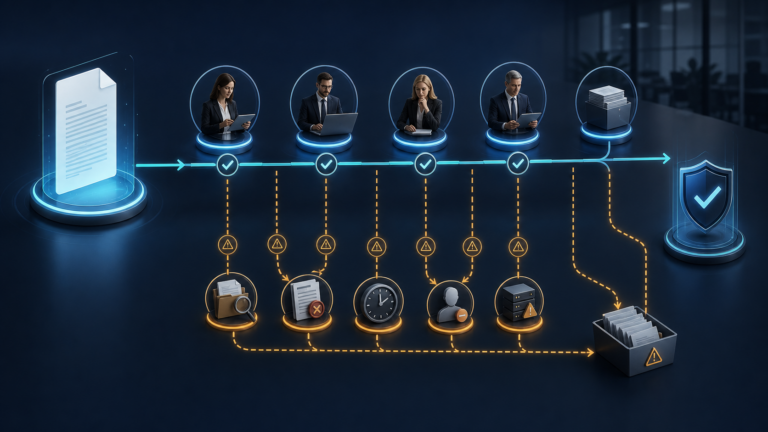 Ein digitaler Dokumentenworkflow mit klarer Hauptstrecke und kontrollierten Ausnahmewegen für fehlende Angaben, Fristen und Systemfehler