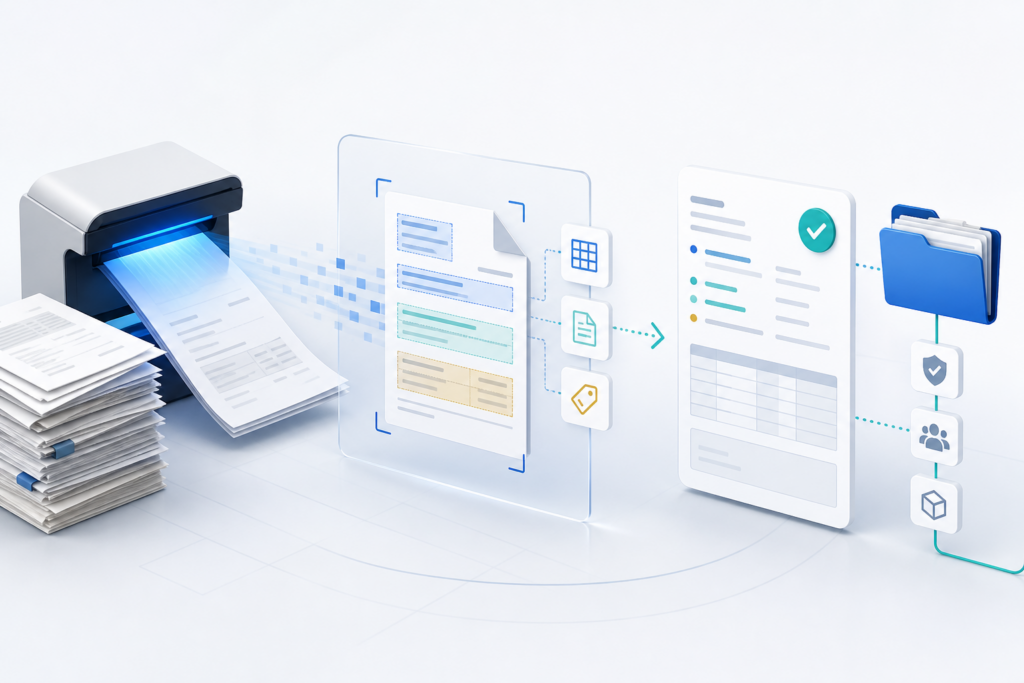 Papierdokumente werden gescannt, per OCR erkannt, klassifiziert und als geprüftes digitales Dokument einem Workflow übergeben.