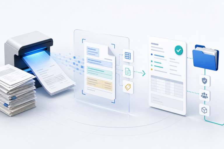 Papierdokumente werden gescannt, per OCR erkannt, klassifiziert und als geprüftes digitales Dokument einem Workflow übergeben.