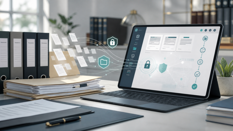 Papierakten und einzelne Dokumente werden in eine geschützte digitale E-Akte überführt.