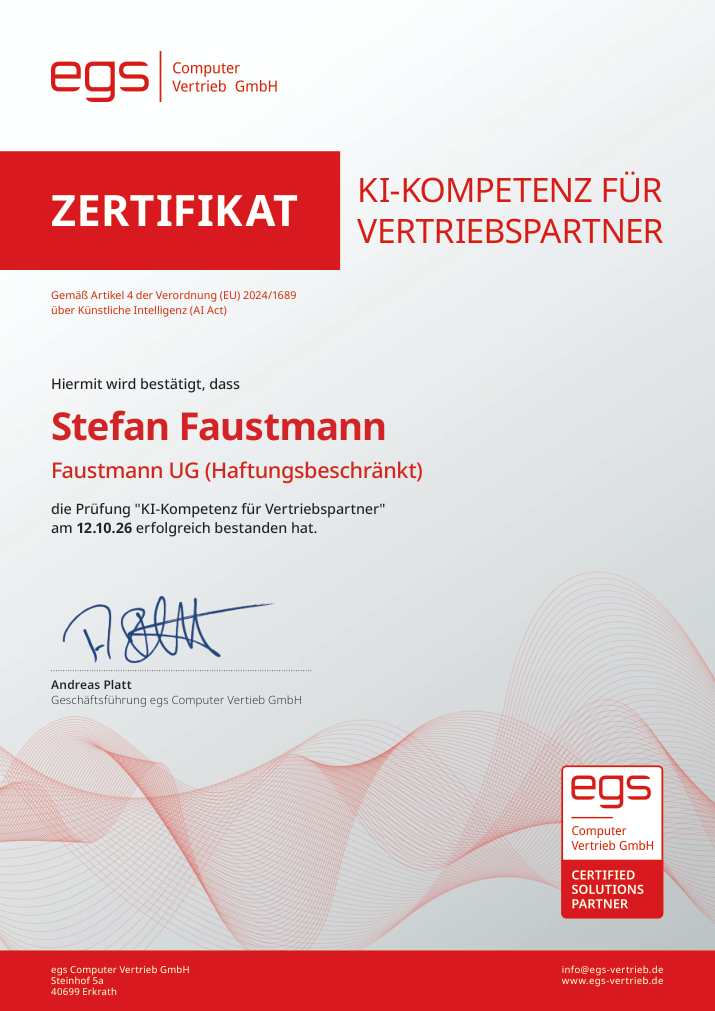 egs-Zertifikat: Stefan Faustmann, Faustmann UG, hat die Prüfung KI-Kompetenz für Vertriebspartner am 12.10.2026 bestanden.