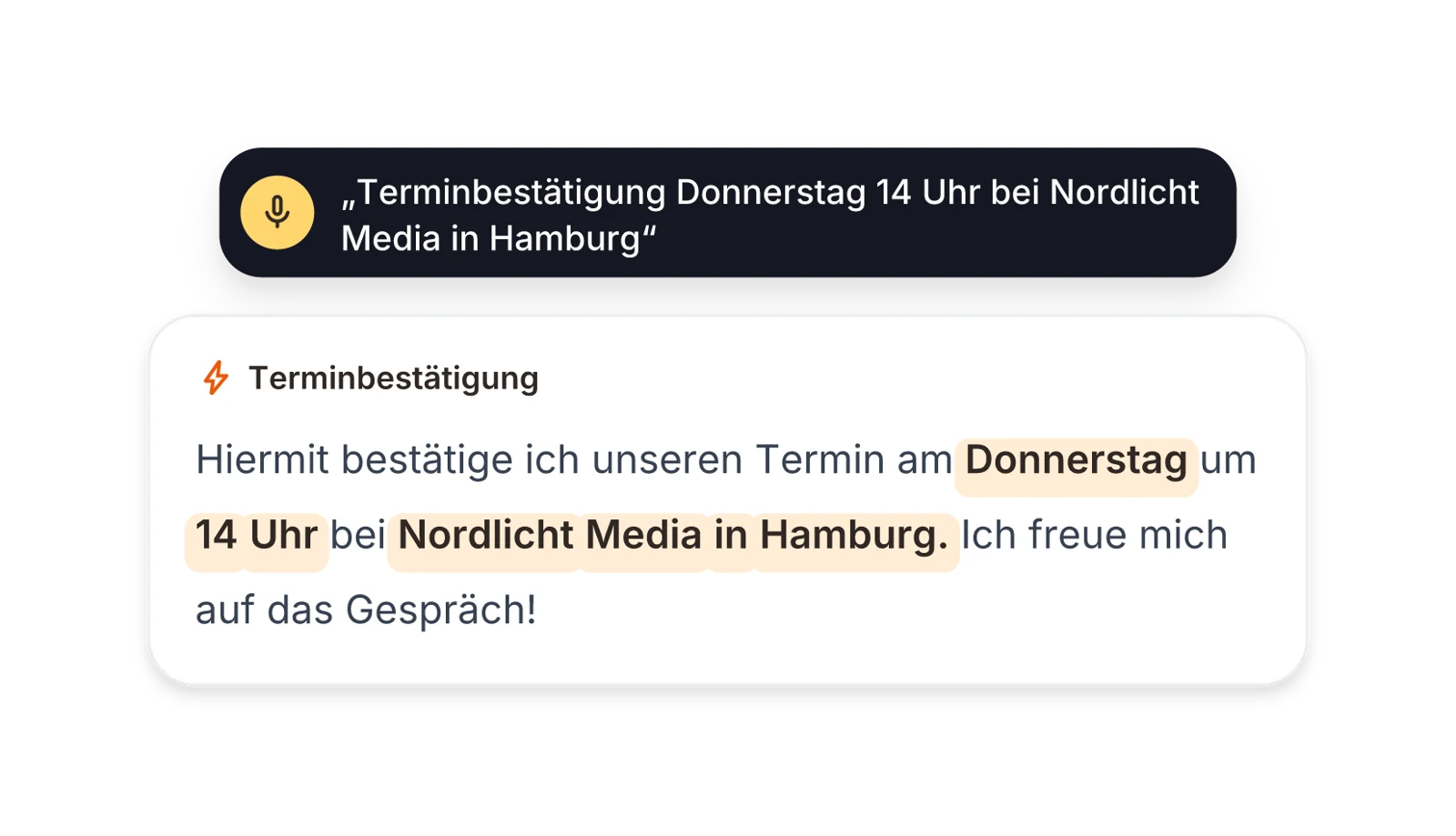 Herstellerillustration einer Terminbestätigung mit hervorgehobenen Angaben zu Tag, Uhrzeit und Ort.