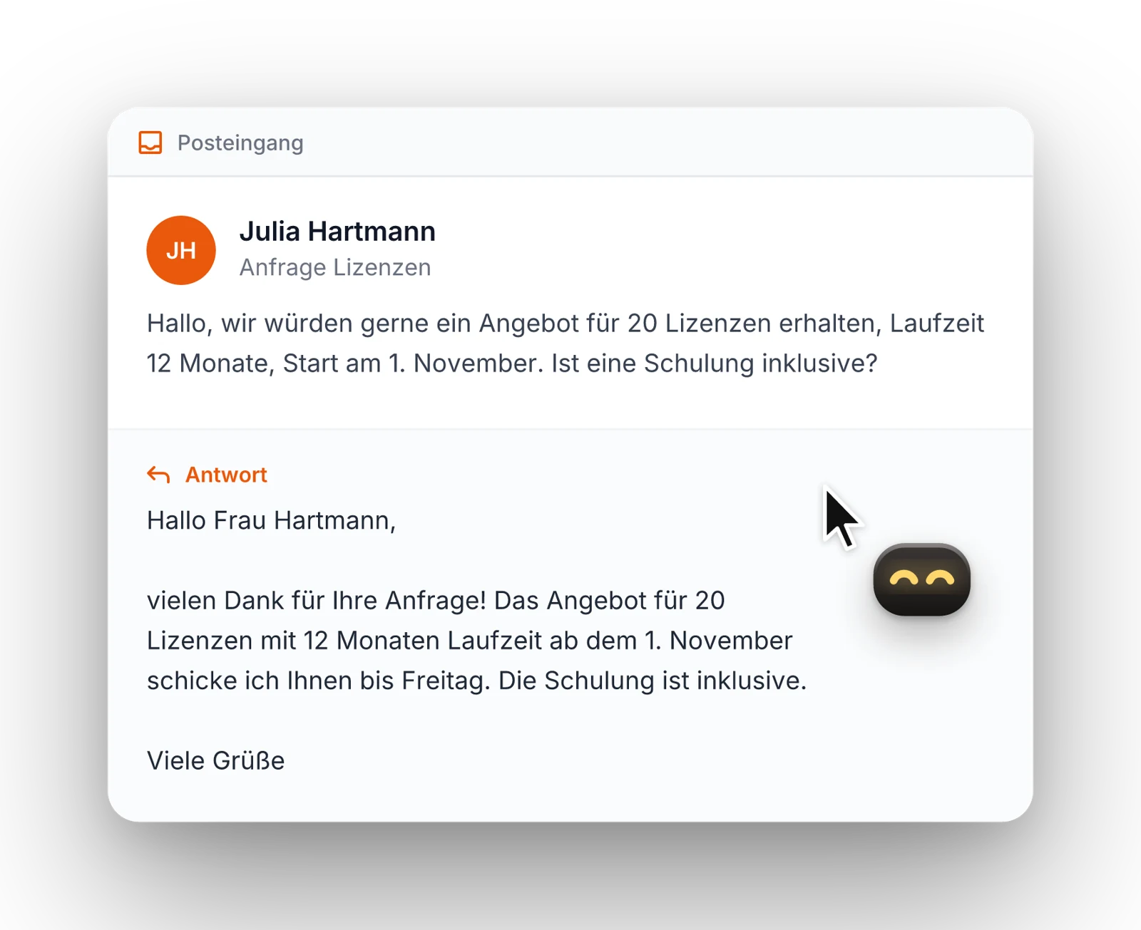 Herstellerillustration: Eine Lizenzanfrage und ein dazu formulierter Antwortentwurf.
