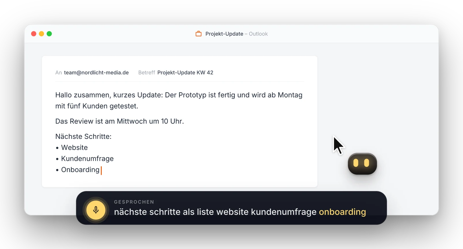 Herstellerillustration einer Projekt-E-Mail mit nächsten Schritten und einer Diktatanzeige.