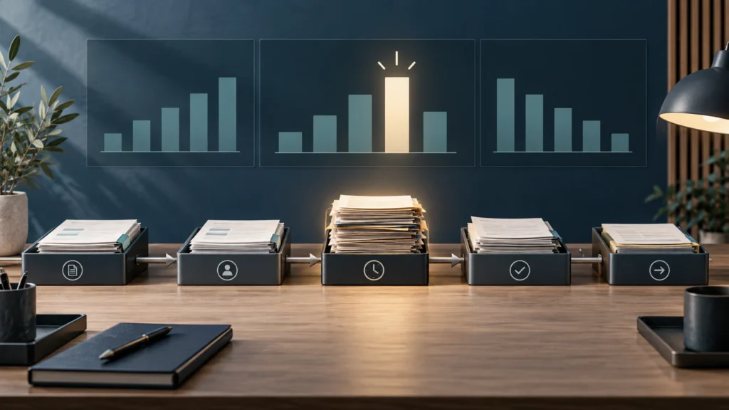 Illustration eines Dokumentenworkflows mit wartender Übergabe und abstrakten Kennzahlen.