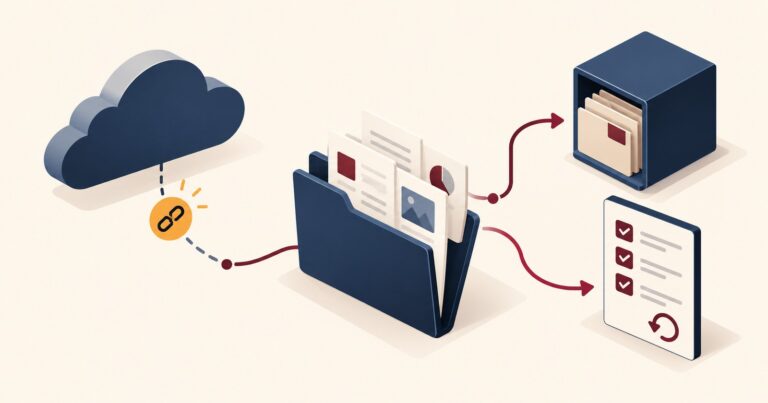 Illustration: unterbrochener Cloud-Zugriff neben Dokumentenakte, separatem Archiv und Wiederanlauf-Checkliste