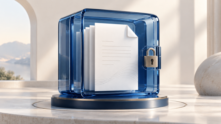 Weiße Dokumente in einer transparenten blauen Schutzhülle mit Schloss als Symbol für Verschlüsselung.