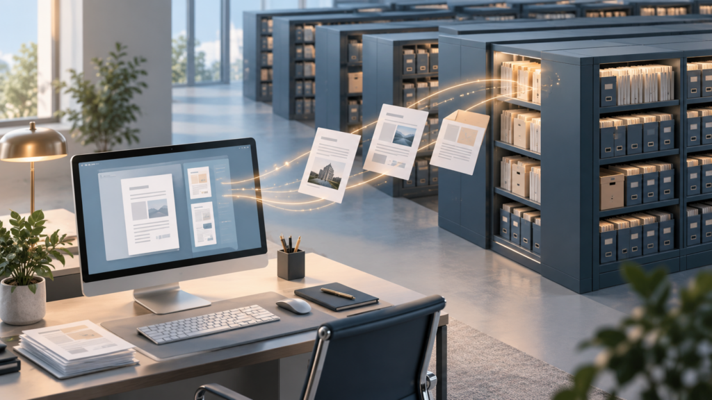 Symbolische Verbindung eines Office-Arbeitsplatzes mit ausgewählten Dokumenten aus einem großen geordneten Archiv